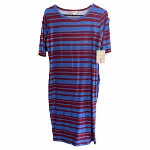 LuLaRoe Julia Dress Womens Small Blue Red Striped Sheath Short Sleeve Midi NEW